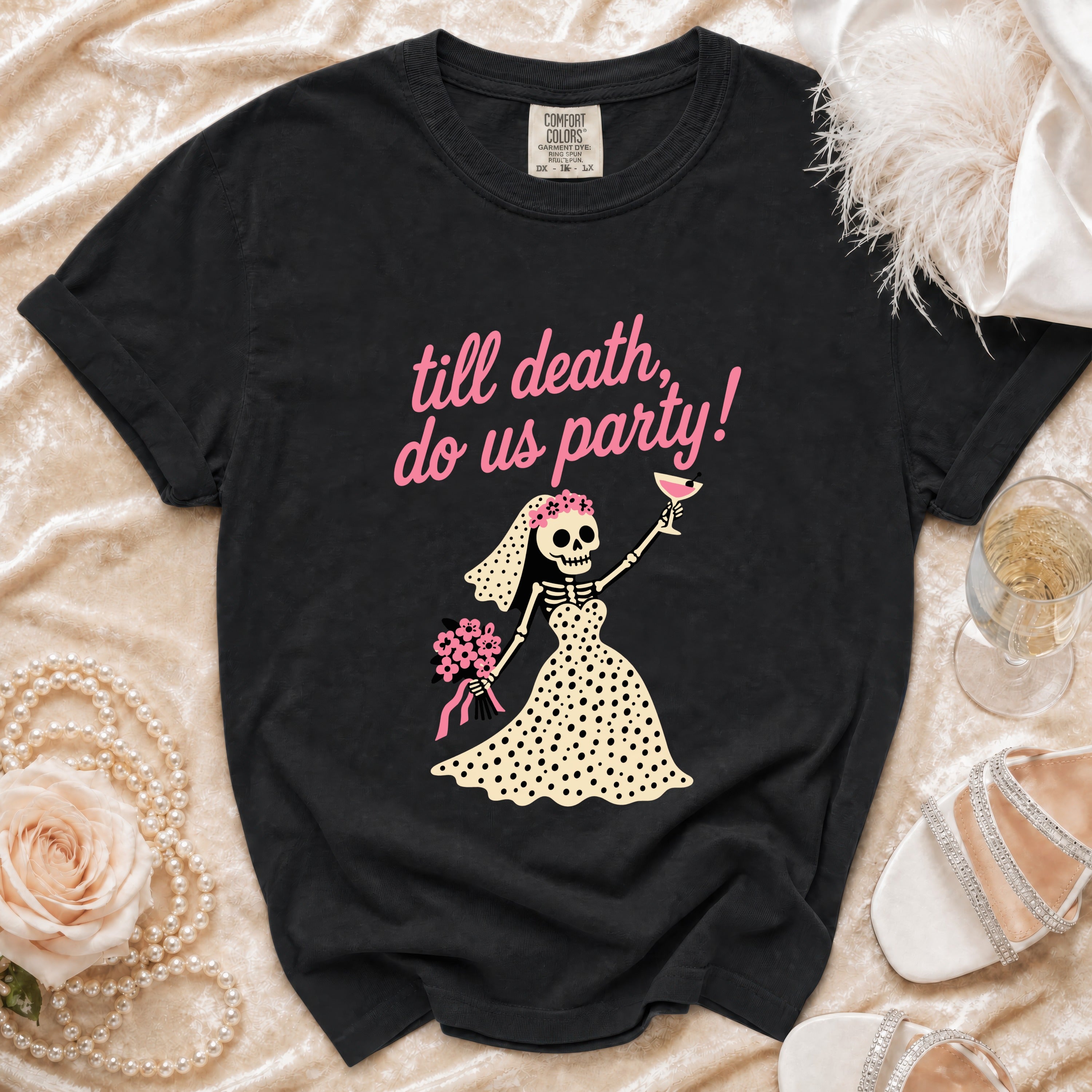 Black t-shirt with "till death, do us party!" and skeleton bride graphic.