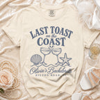 Cream t-shirt with "Last Toast on the Coast" and "Olivia's Bachelorette" text.