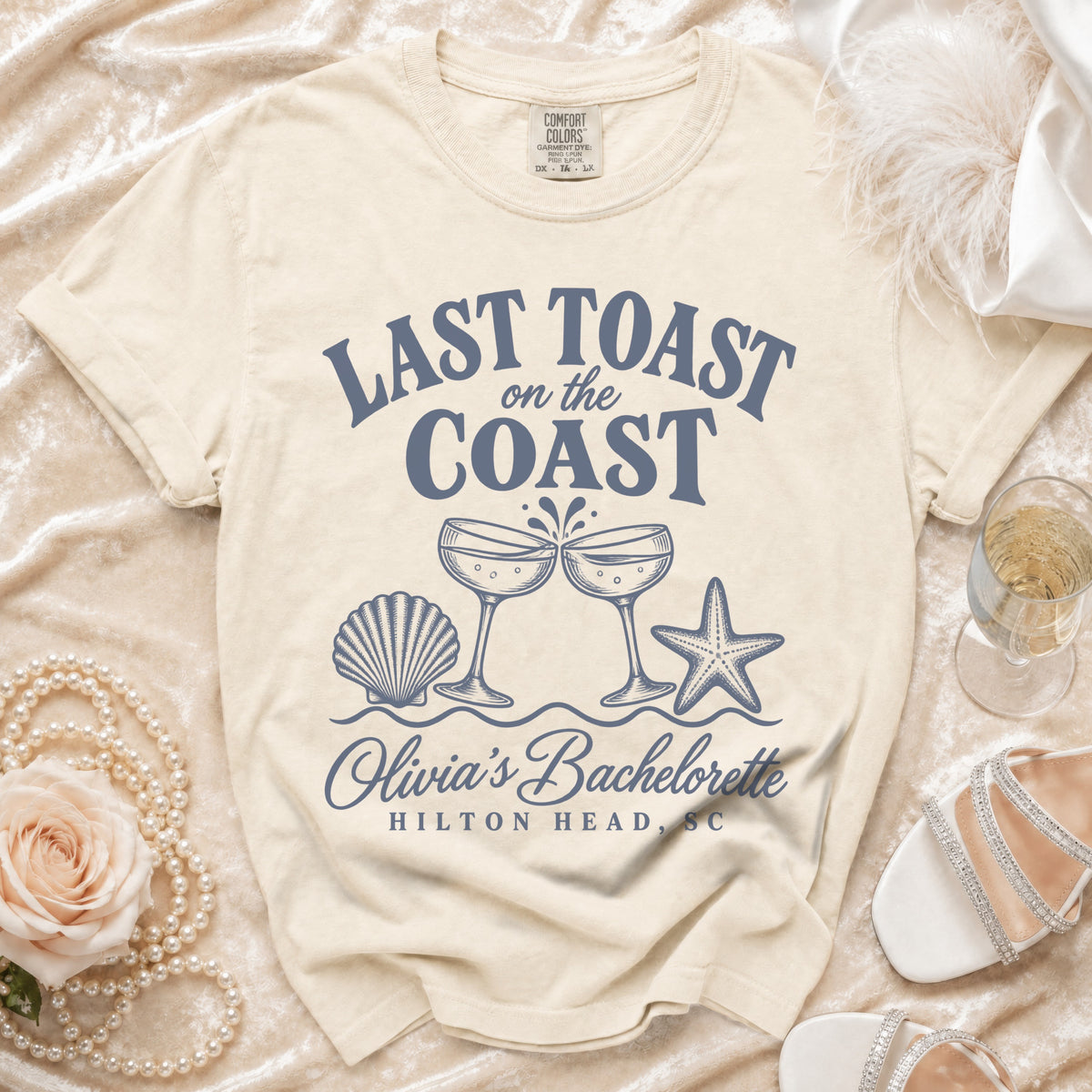 Cream t-shirt with "Last Toast on the Coast" and "Olivia's Bachelorette" text.