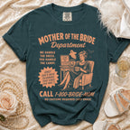Mother of the Bride Department t-shirt with humorous text and graphic.