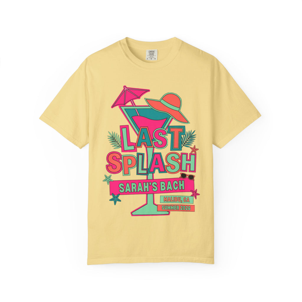Yellow t-shirt with "LAST SPLASH SARAH'S BACH MALIBU CA SUMMER 2025" and tropical graphics.