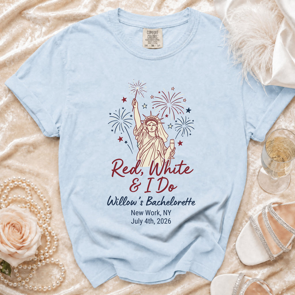 Light blue bachelorette t-shirt with "Red, White & I Do" design.