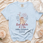 Light blue bachelorette t-shirt with "Red, White & I Do" design.