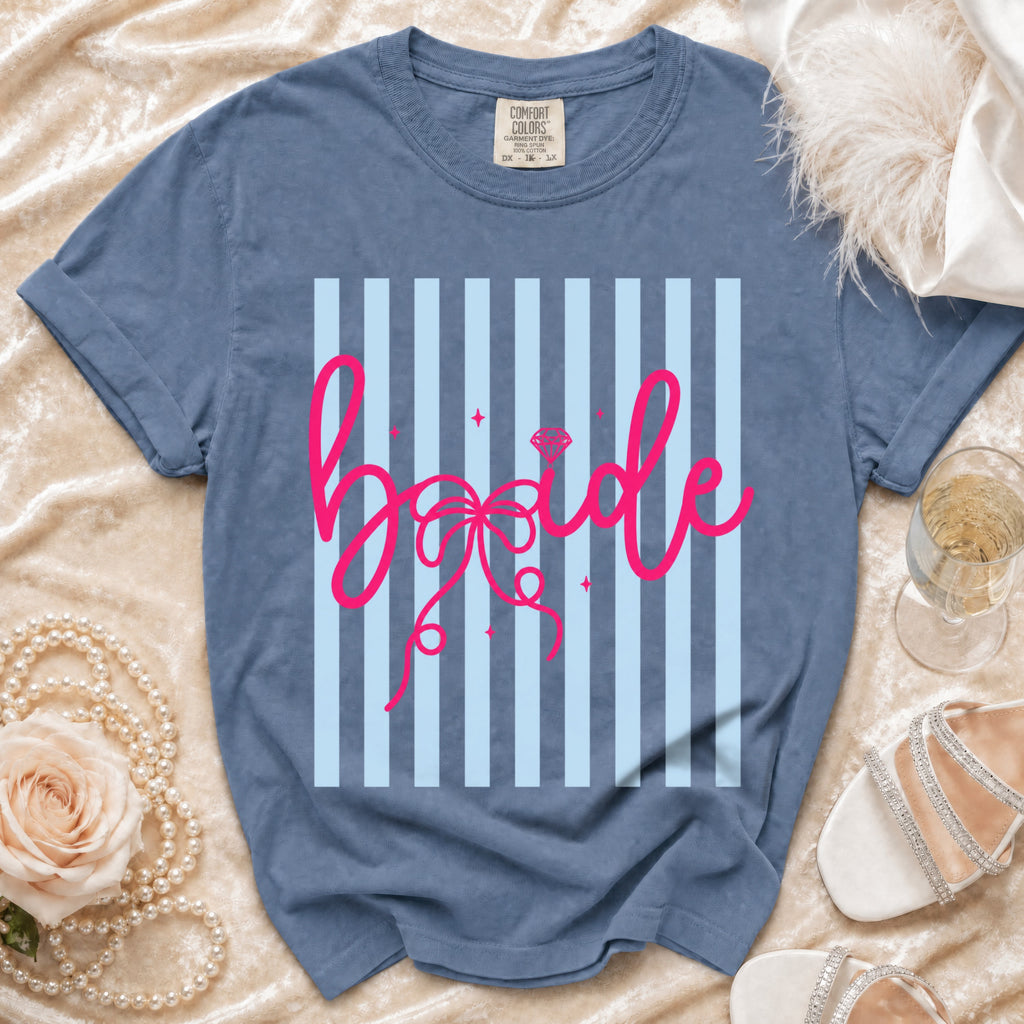 Blue t-shirt with pink "bride" text and a diamond ring graphic.