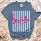 Blue t-shirt with pink "bride" text and a diamond ring graphic.