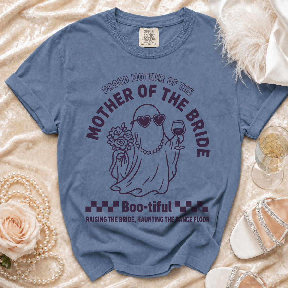 Blue t-shirt with ghost graphic and text "Proud Mother of the Bride" and "Boo-tiful".
