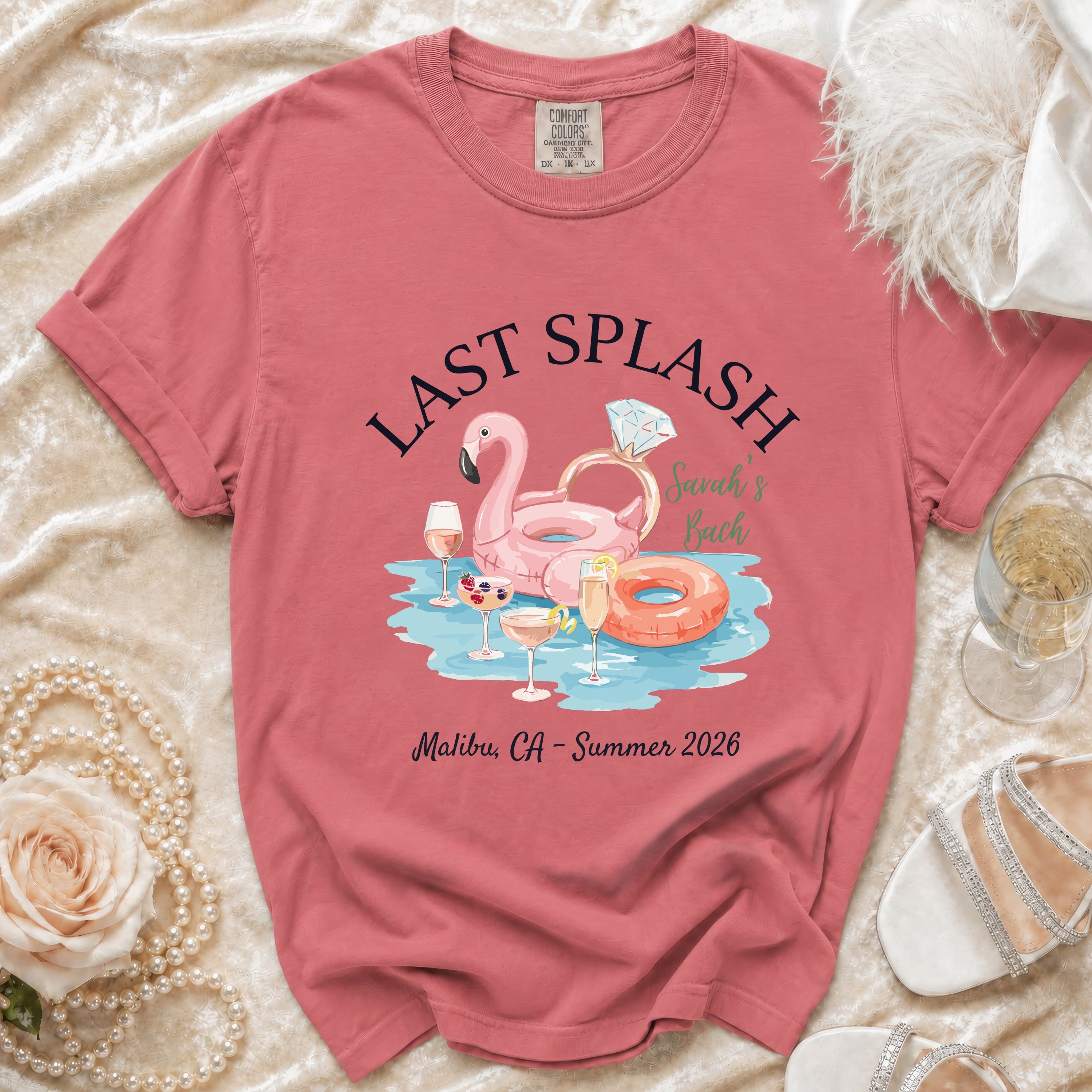 Coral t-shirt with "Last Splash," ring, flamingo, and "Savah's Bach" text.
