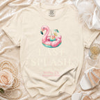 Cream t-shirt with "LAST SPLASH Sarah's Bach Malibu, CA Summer 2026" and flamingo float.
