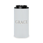 Can cooler with light blue and beige stripes featuring the word "GRACE".