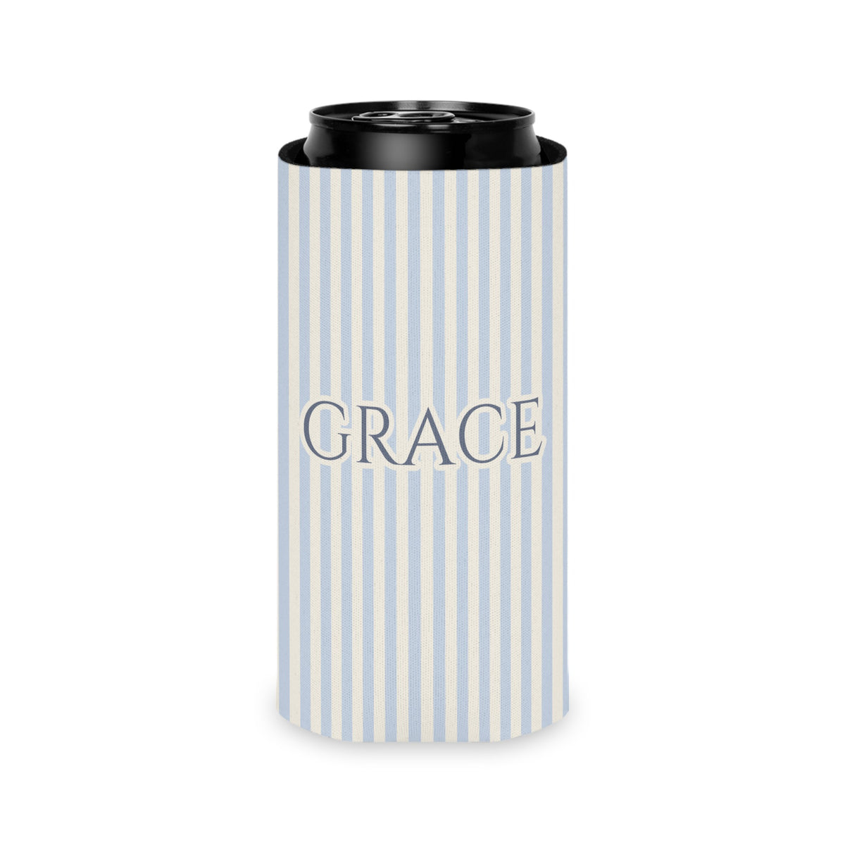 Can cooler with light blue and beige stripes featuring the word "GRACE".