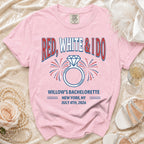 Pink t-shirt with "Red, White & I Do" and bachelorette details for Willow.