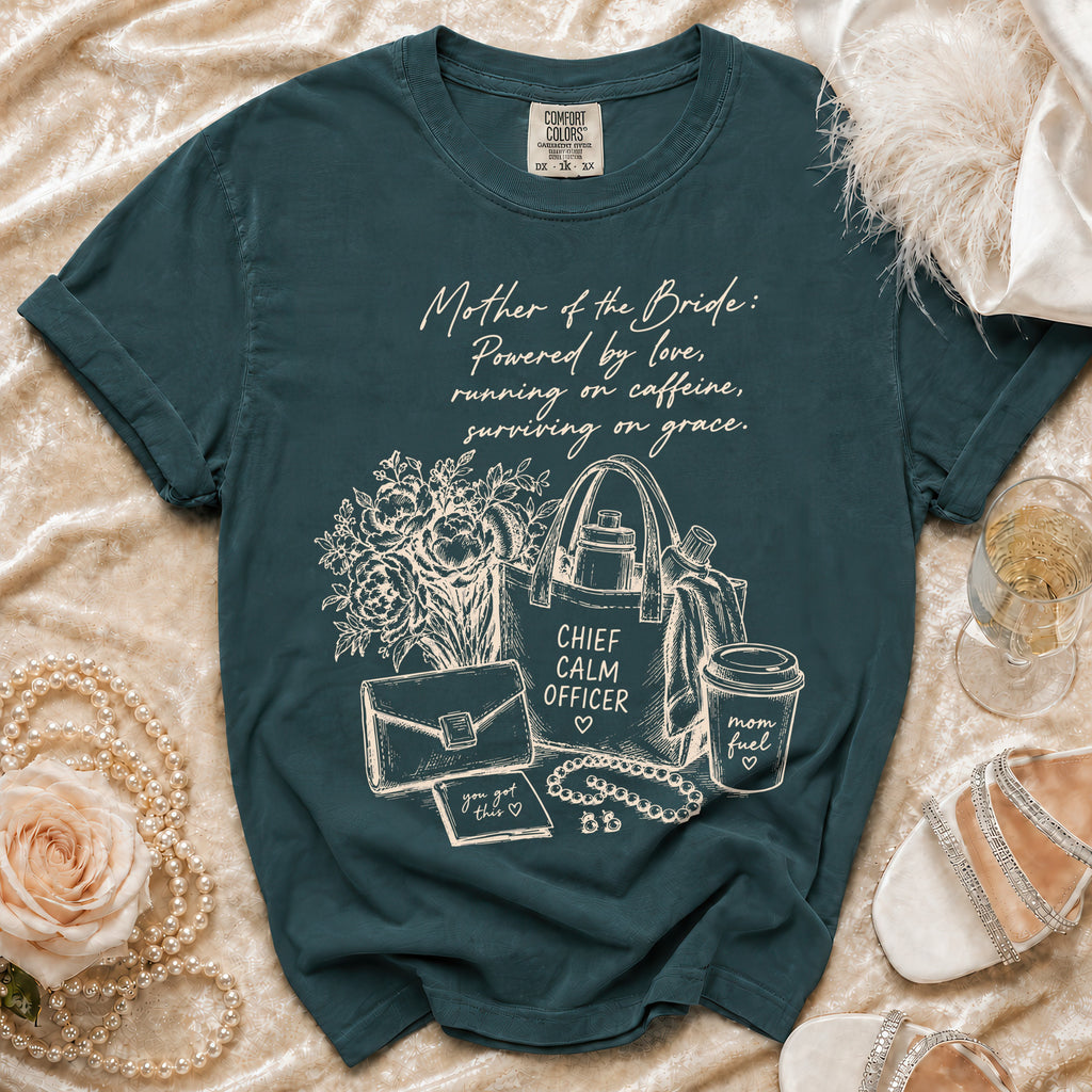 Teal t-shirt with "Mother of the Bride" quote and "Chief Calm Officer" text.