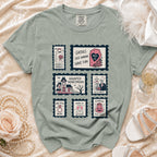 Green t-shirt with spooky wedding themed stamps: "Spookily Single", "Ghouls Just Wanna Have Fun", "Haunted Honeymoon", "Til Death Do Us Party", "Boo-tiful Bride", "Drink Up Witches", and "Pumpkin The Vows".