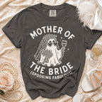 Dark gray t-shirt with "Mother of the Bride (Spooking Fabulous)" text and ghost graphic.