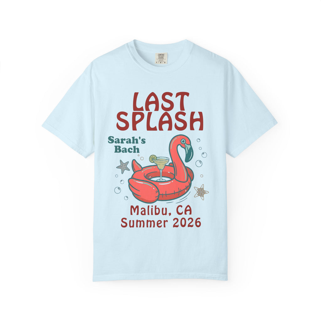 Light blue t-shirt with "LAST SPLASH" and flamingo float graphic.