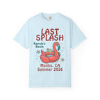 Light blue t-shirt with "LAST SPLASH" and flamingo float graphic.
