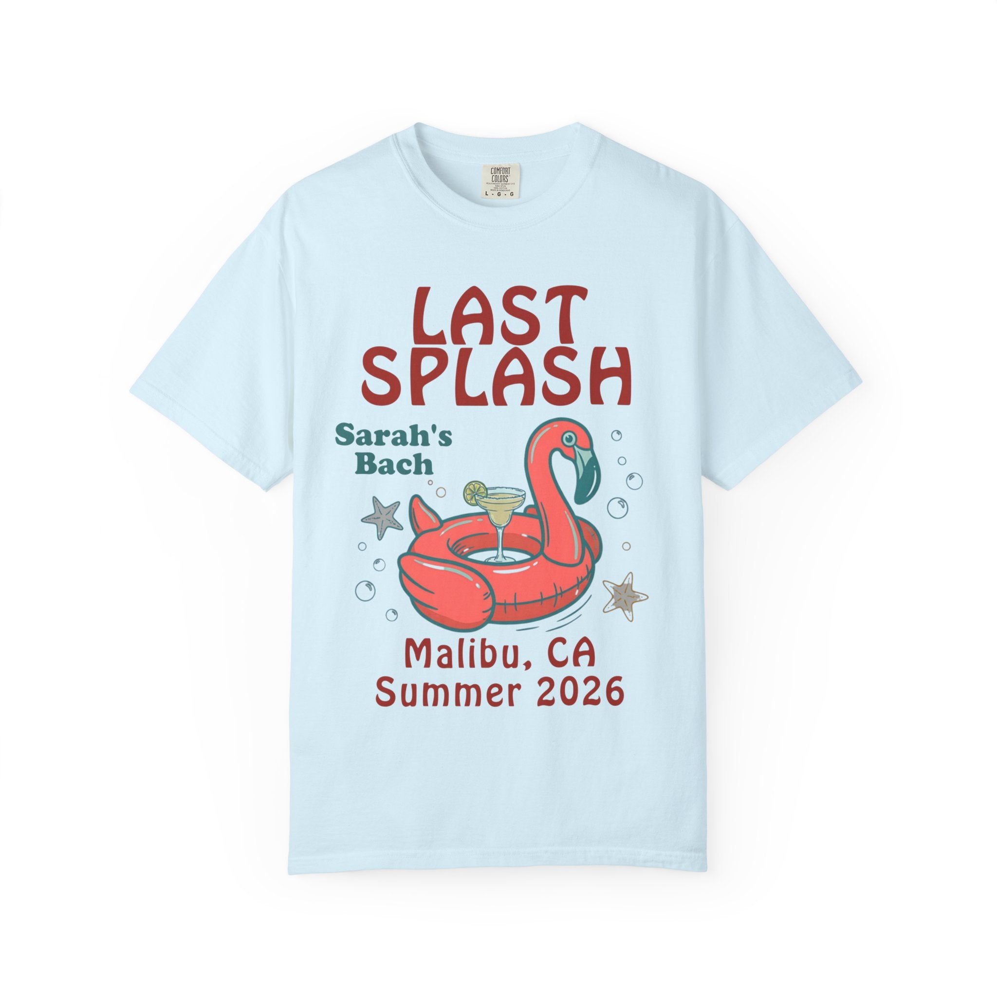 Light blue t-shirt with "LAST SPLASH" and flamingo float graphic.