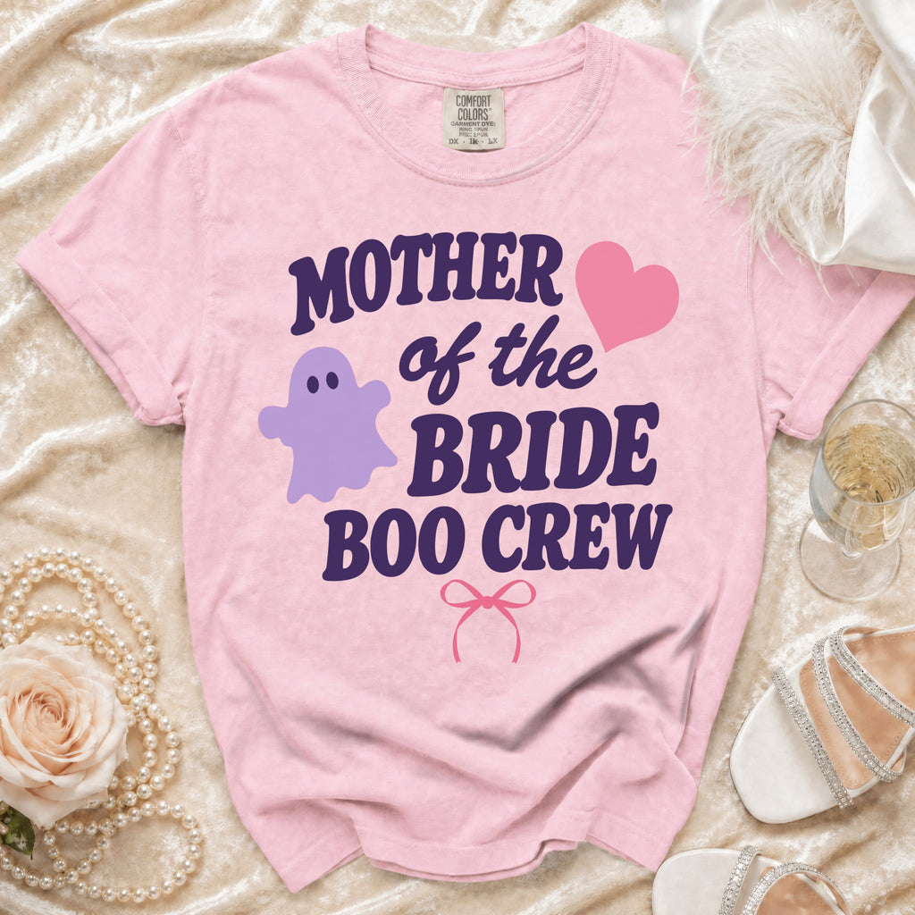 Pink t-shirt with "Mother of the Bride Boo Crew" graphic and ghost illustration.