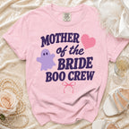Pink t-shirt with "Mother of the Bride Boo Crew" graphic and ghost illustration.