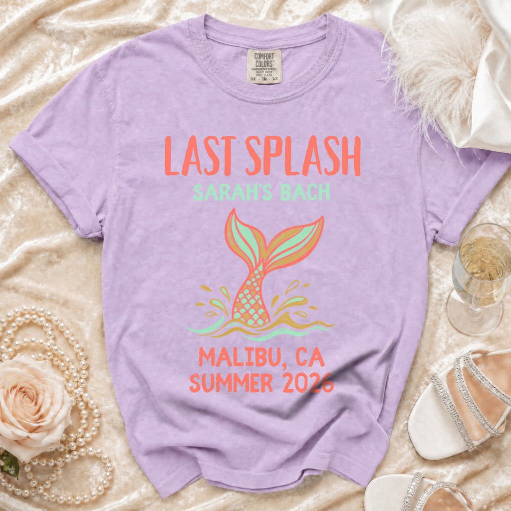 Purple t-shirt with "Last Splash Sarah's Bach Malibu, CA Summer 2026" text.