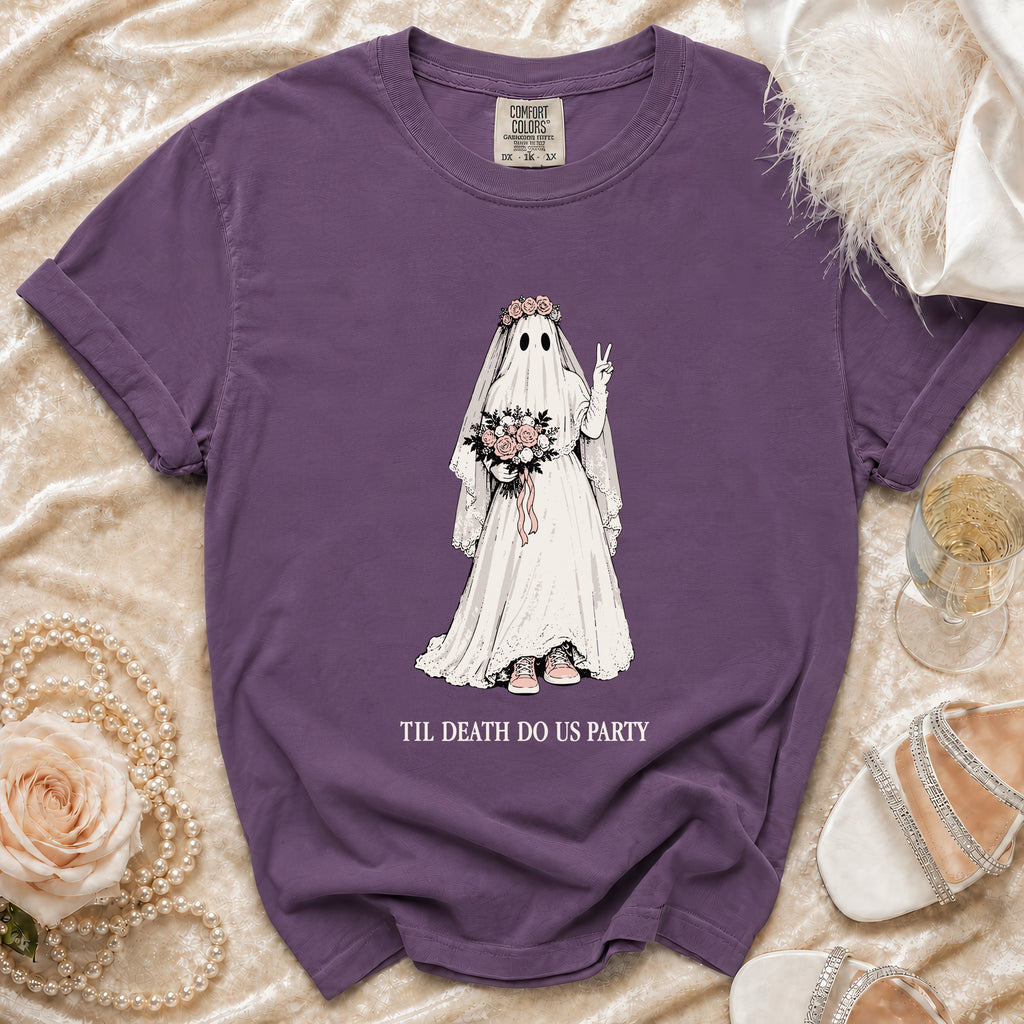 Purple t-shirt featuring a ghost bride holding flowers, with text "Til Death Do Us Party".