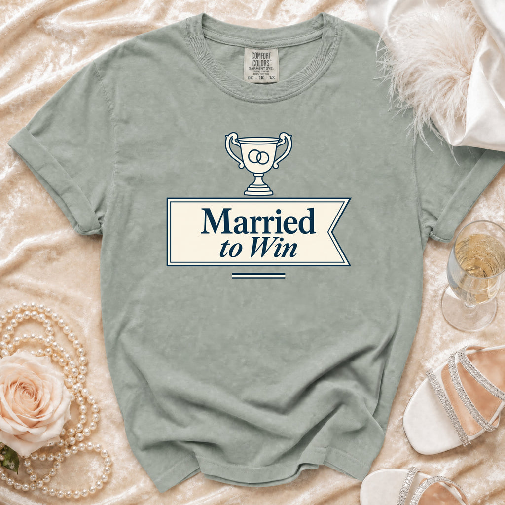 Sage t-shirt with "Married to Win" text and trophy graphic.