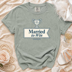 Sage t-shirt with "Married to Win" text and trophy graphic.