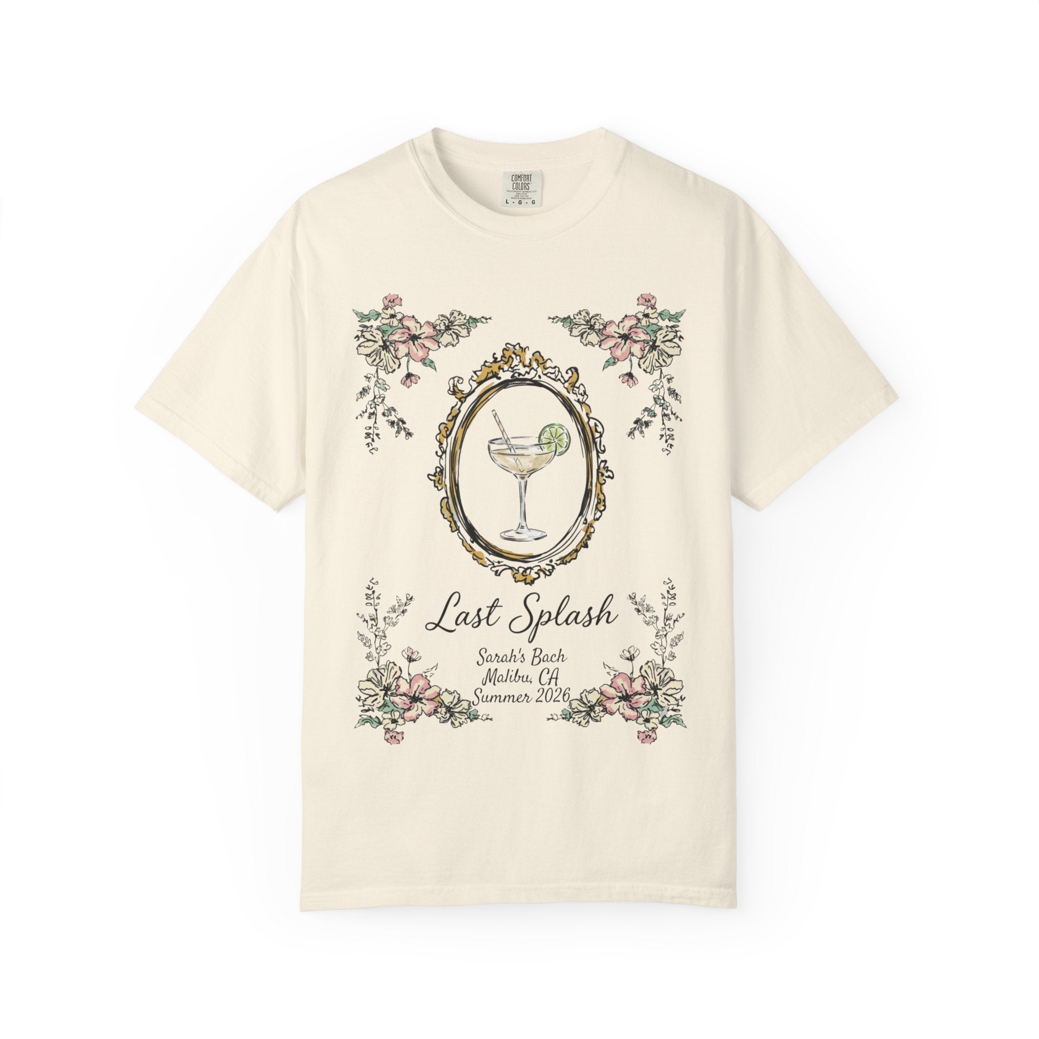 Cream t-shirt with "Last Splash" and event details in floral frame.