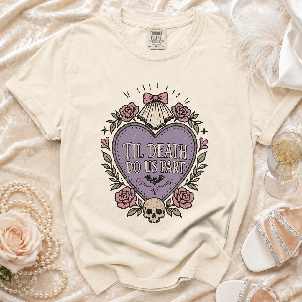 Cream t-shirt with a heart graphic reading "Til Death Do Us Part" and gothic details.