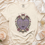 Cream t-shirt with a heart graphic reading "Til Death Do Us Part" and gothic details.