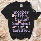 Black t-shirt with "mother of the bride, boo-tiful and terrified" in lavender text.