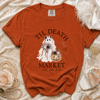 Orange t-shirt with ghost, pumpkin, and text "Til Death Market".