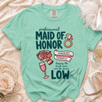 Teal t-shirt with "Professional Maid of Honor" and "Honorary Therapist" graphic.