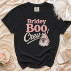 Black t-shirt with "Bridey Boo Crew" text and ghost bride graphic.