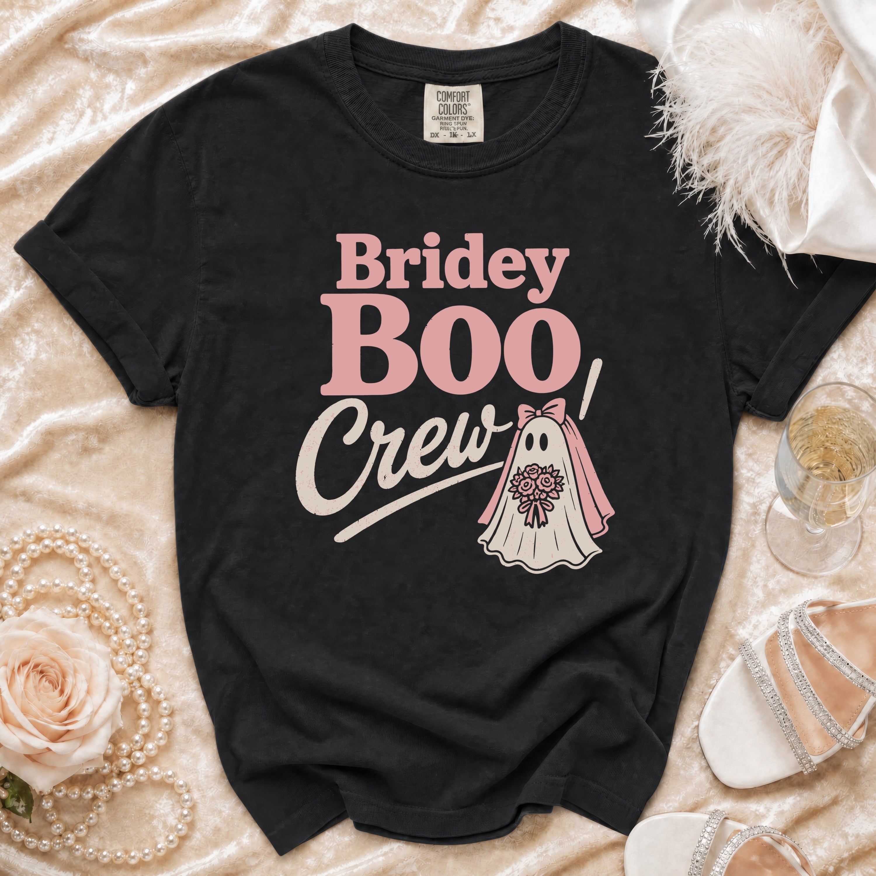 Black t-shirt with "Bridey Boo Crew" text and ghost bride graphic.