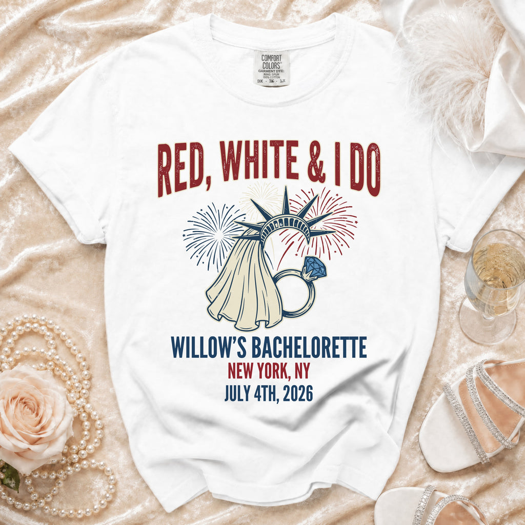 White t-shirt with "Red, White & I Do" and bachelorette details.