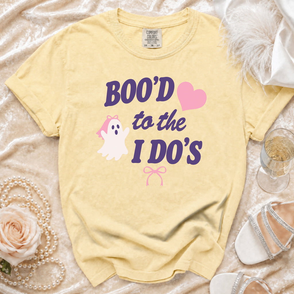 Yellow t-shirt with "BOO'D to the I DO'S" text, ghost, and heart graphics.