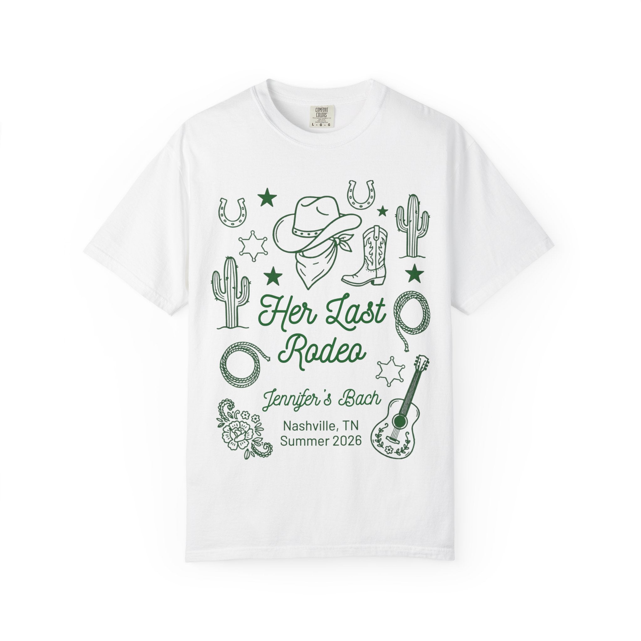 White t-shirt with "Her Last Rodeo" text, cowboy hat, boots, cactus, lasso, and guitar.