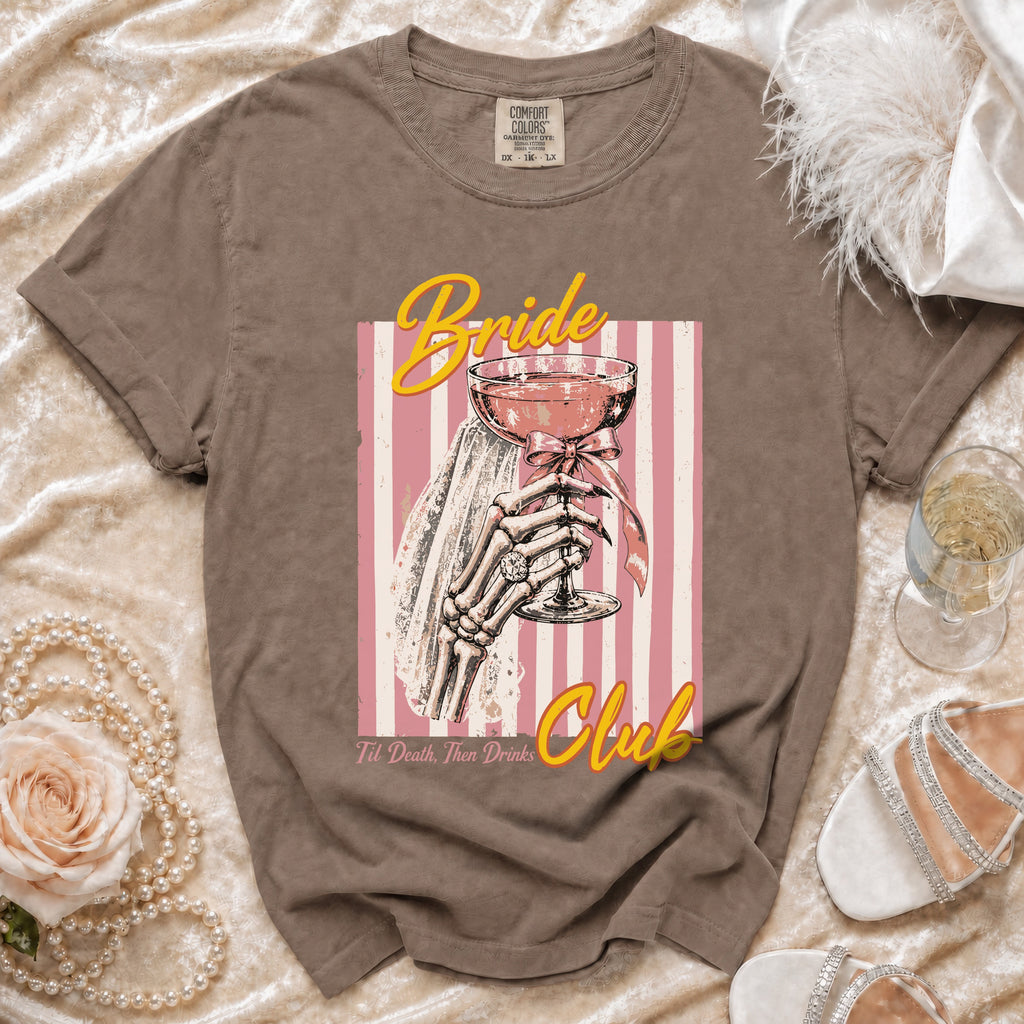 T-shirt with "Bride Club" graphic and skeleton hand holding a drink.