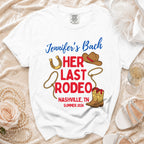 White t-shirt with "Jennifer's Bach Her Last Rodeo Nashville, TN Summer 2026" and Western graphics.