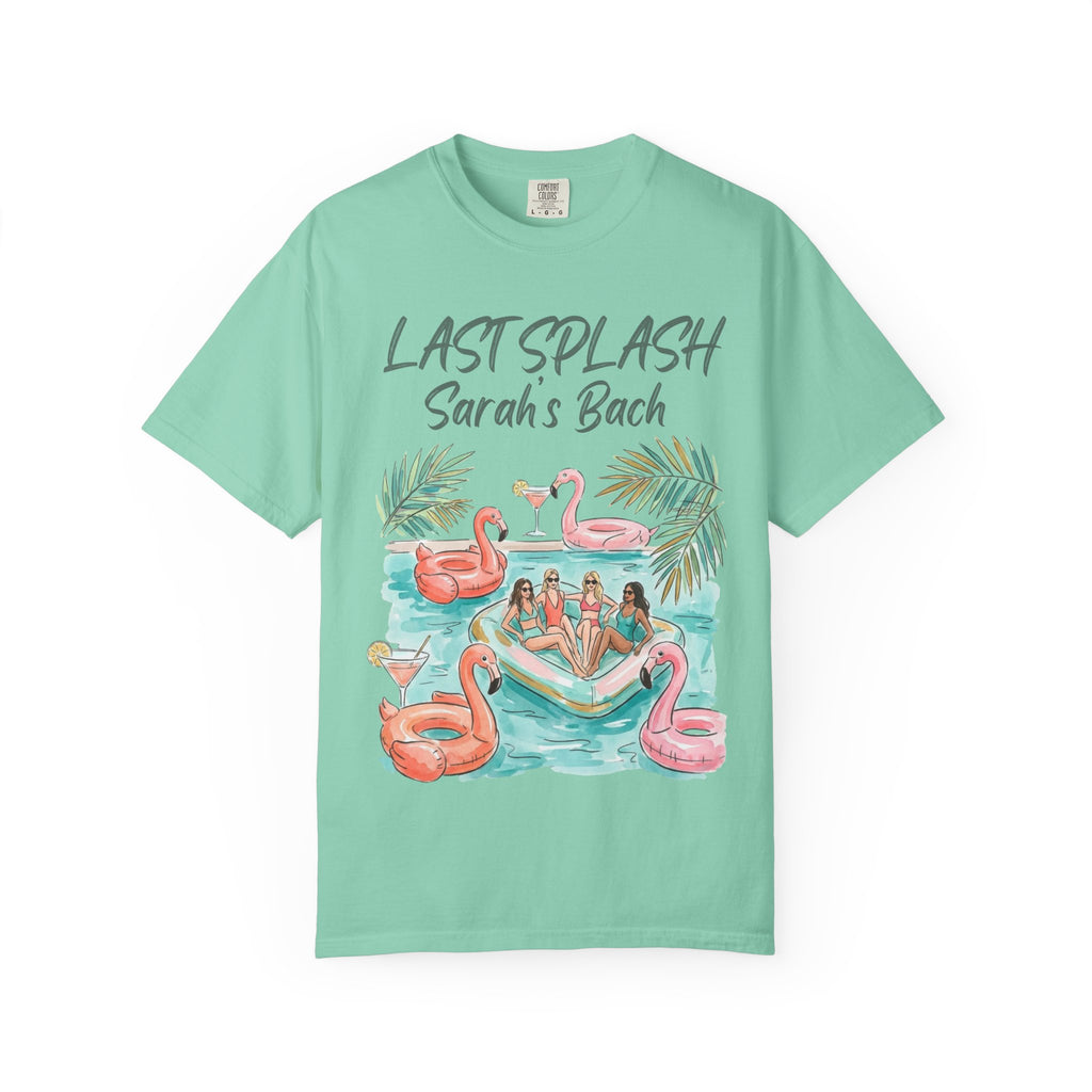 T-shirt with "Last Splash Sarah's Bach" text and flamingo pool float illustration.