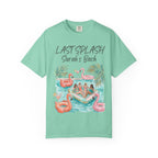 T-shirt with "Last Splash Sarah's Bach" text and flamingo pool float illustration.