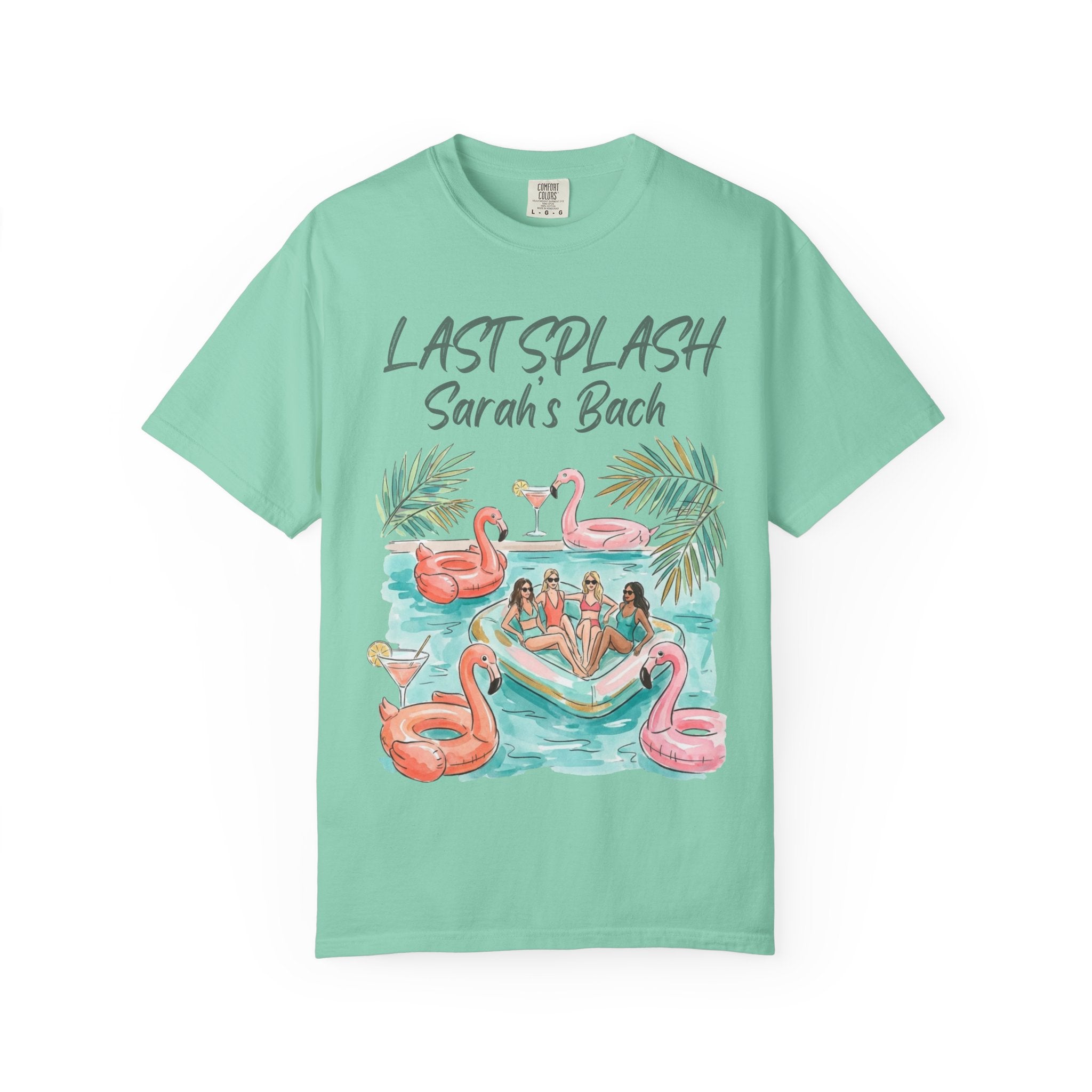 T-shirt with "Last Splash Sarah's Bach" text and flamingo pool float illustration.