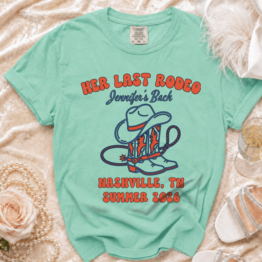 Mint t-shirt with "Her Last Rodeo" and cowboy boot graphic.
