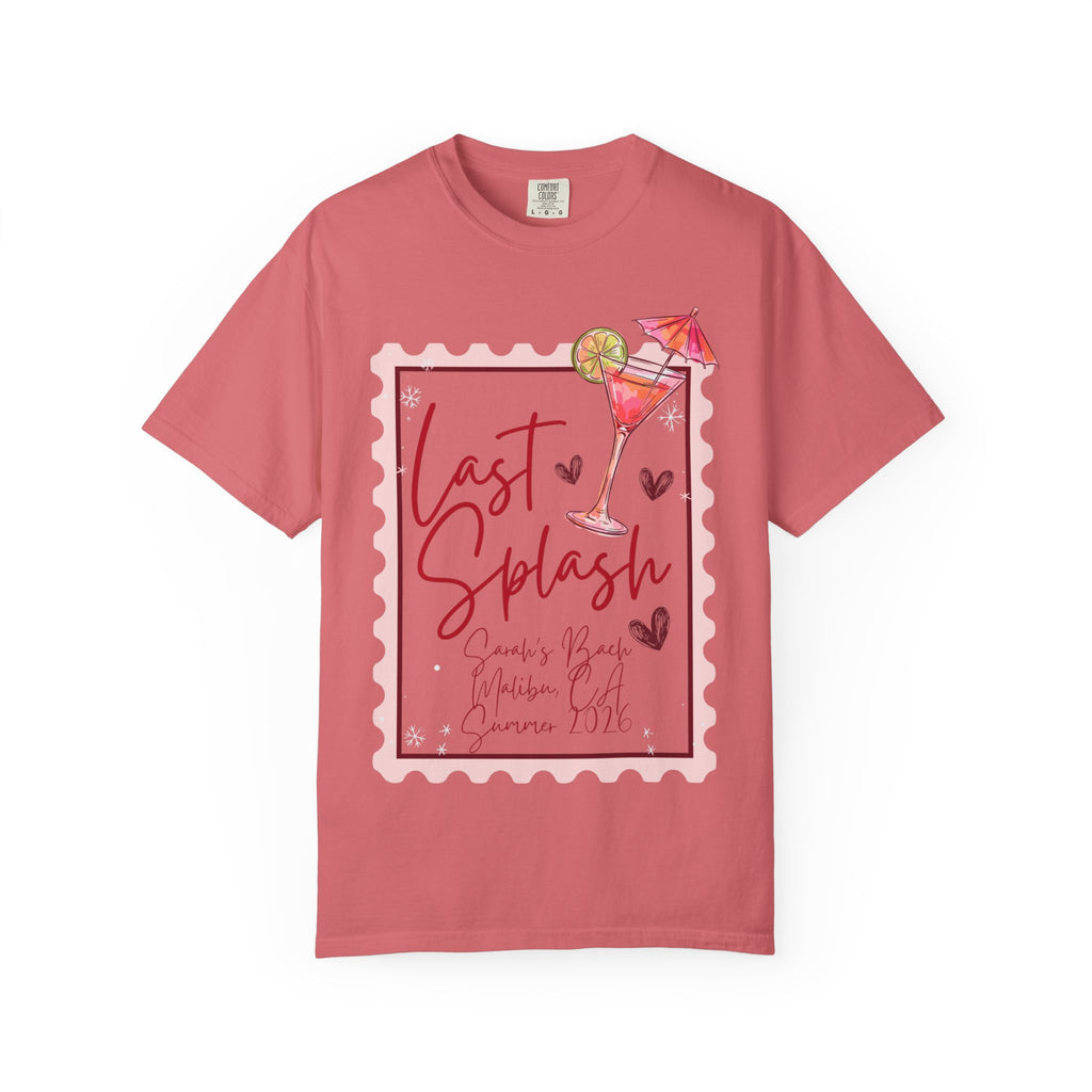 T-shirt featuring "Last Splash" text, cocktail, and location details.