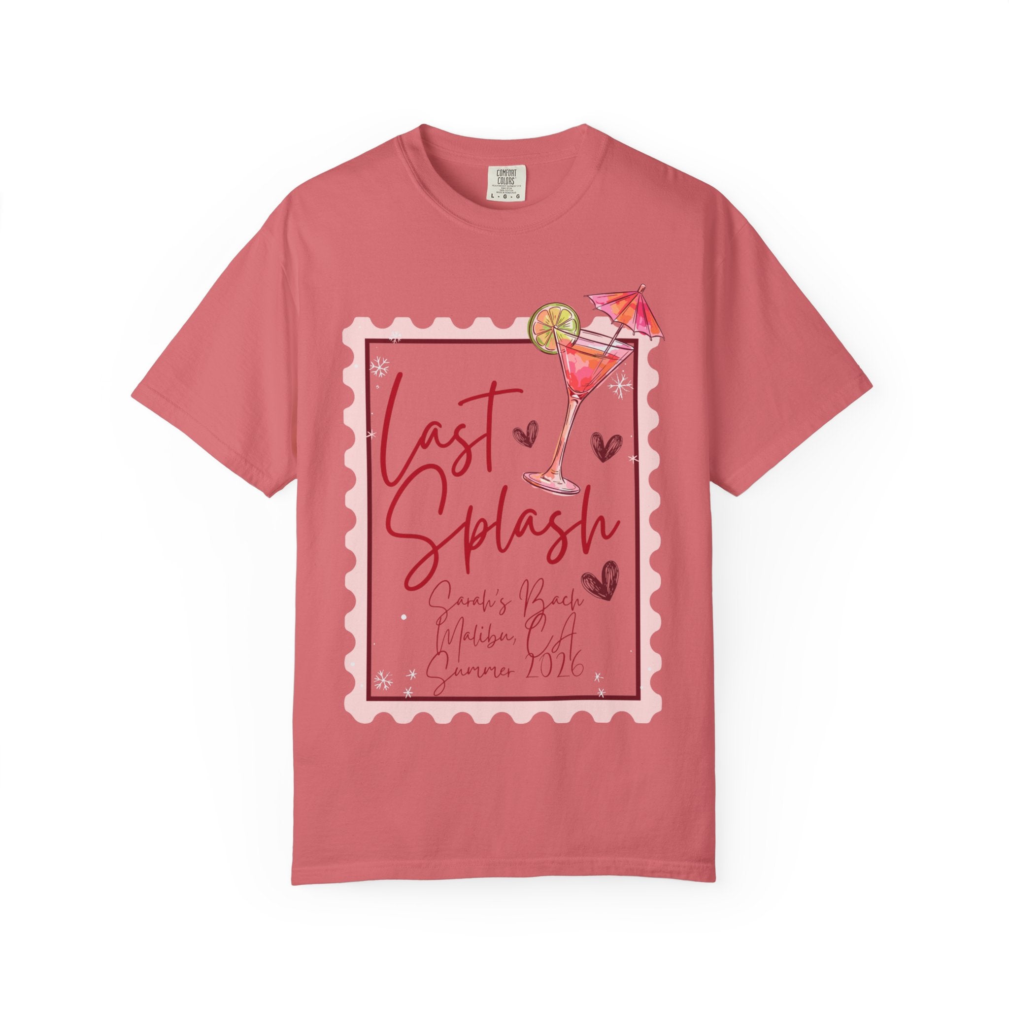 T-shirt featuring "Last Splash" text, cocktail, and location details.