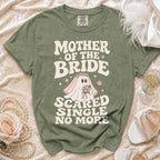 Olive green t-shirt with "Mother of the Bride" and a ghost graphic.