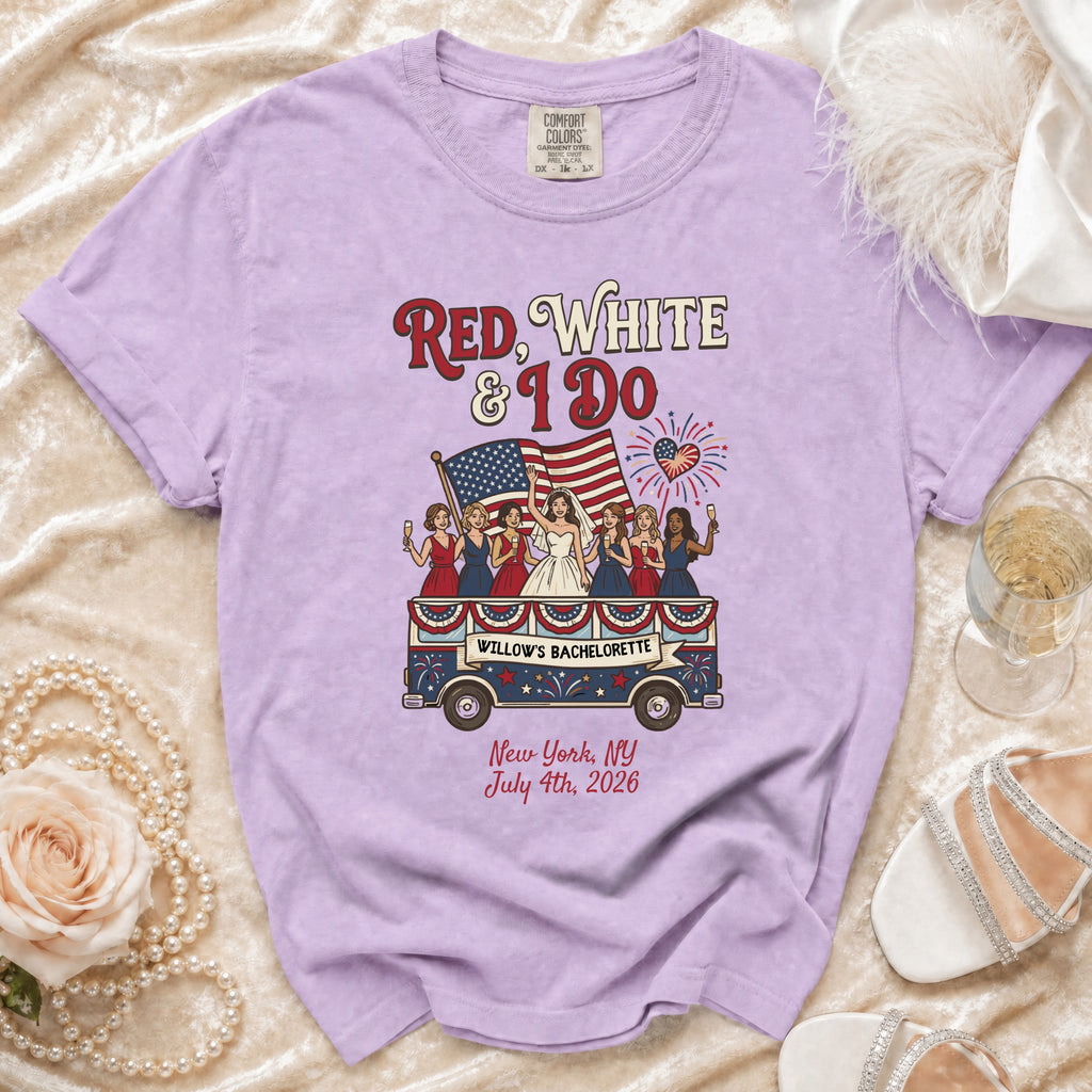 Red, White & I Do bachelorette t-shirt with bride and bridesmaids on a float.