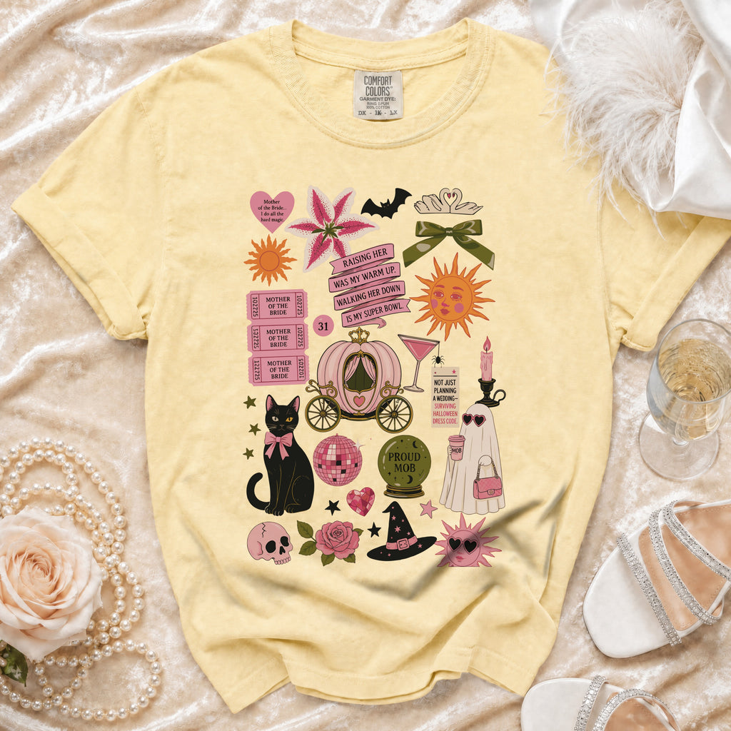 Yellow Comfort Colors t-shirt with a collage of whimsical bridal and spooky graphics.