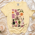 Yellow Comfort Colors t-shirt with a collage of whimsical bridal and spooky graphics.